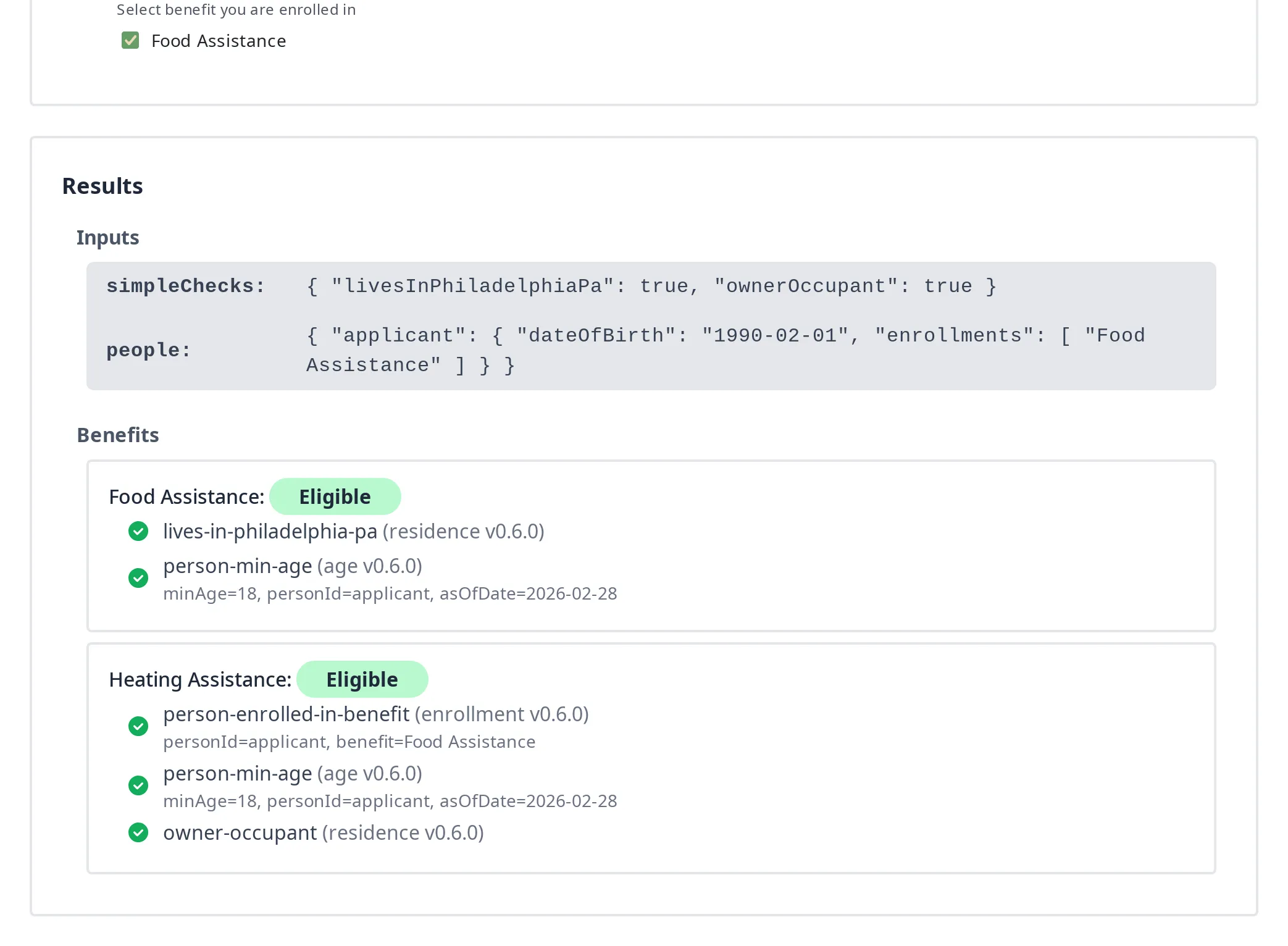 Results section of a benefits eligibility tool. The Inputs section shows the following data: simpleChecks: { "livesInPhiladelphiaPa": true, "ownerOccupant": true }, people: { "applicant": { "dateOfBirth": "1990-02-01", "enrollments": [ "Food Assistance" ] } }. The Benefits section shows the following eligibility results: Food Assistance: Eligible, lives-in-philadelphia-pa (residence v0.6.0), person-in-phil-age (age v0.6.0), minAge=18, personId=applicant, asOfDate=2026-02-28. Heating Assistance: Eligible, person-enrolled-in-benefit (enrollment v0.6.0), personId=applicant, benefit=Food Assistance, person-min-age (age v0.6.0), minAge=18, personId=applicant, asOfDate=2026-02-28, owner-occupant (residence v0.6.0).